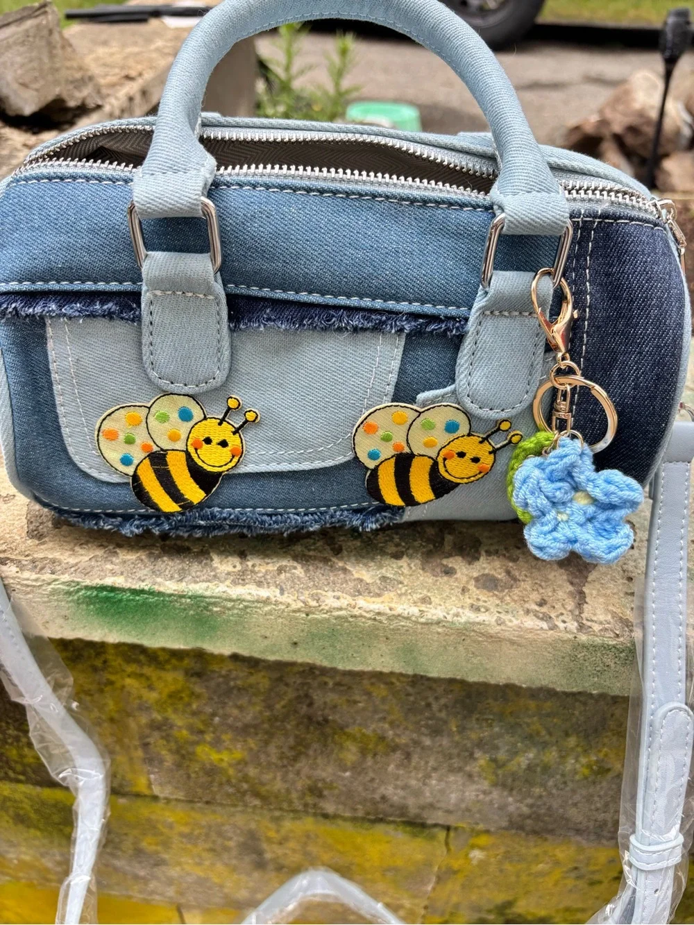 Denim  look Bee Appliqué Crossbody Bag - Light Blue brand new
